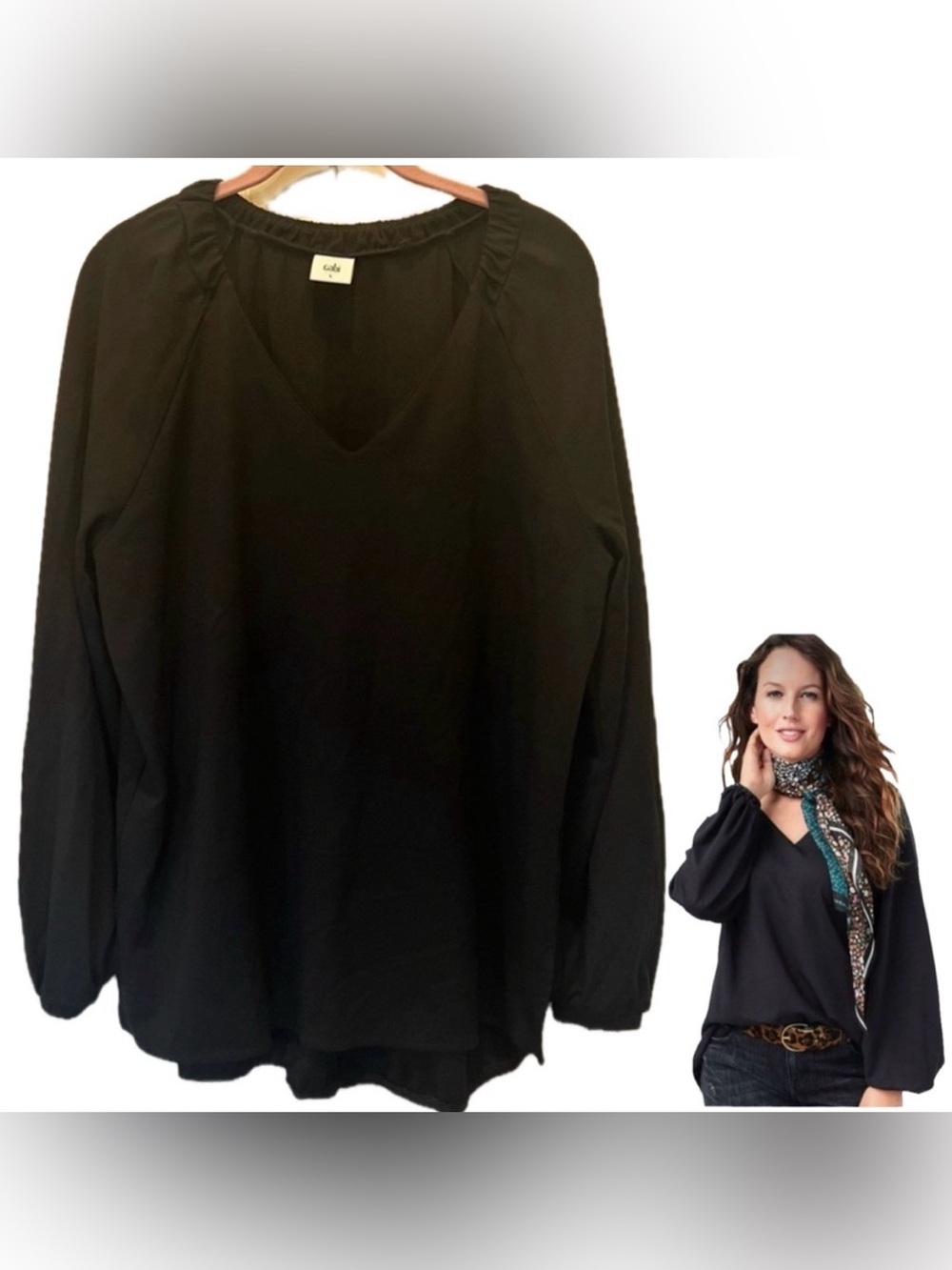 Cabi Women's Black Elastic V-Neck Tunic
Balloon Sleeve Style 3802 Sz Large